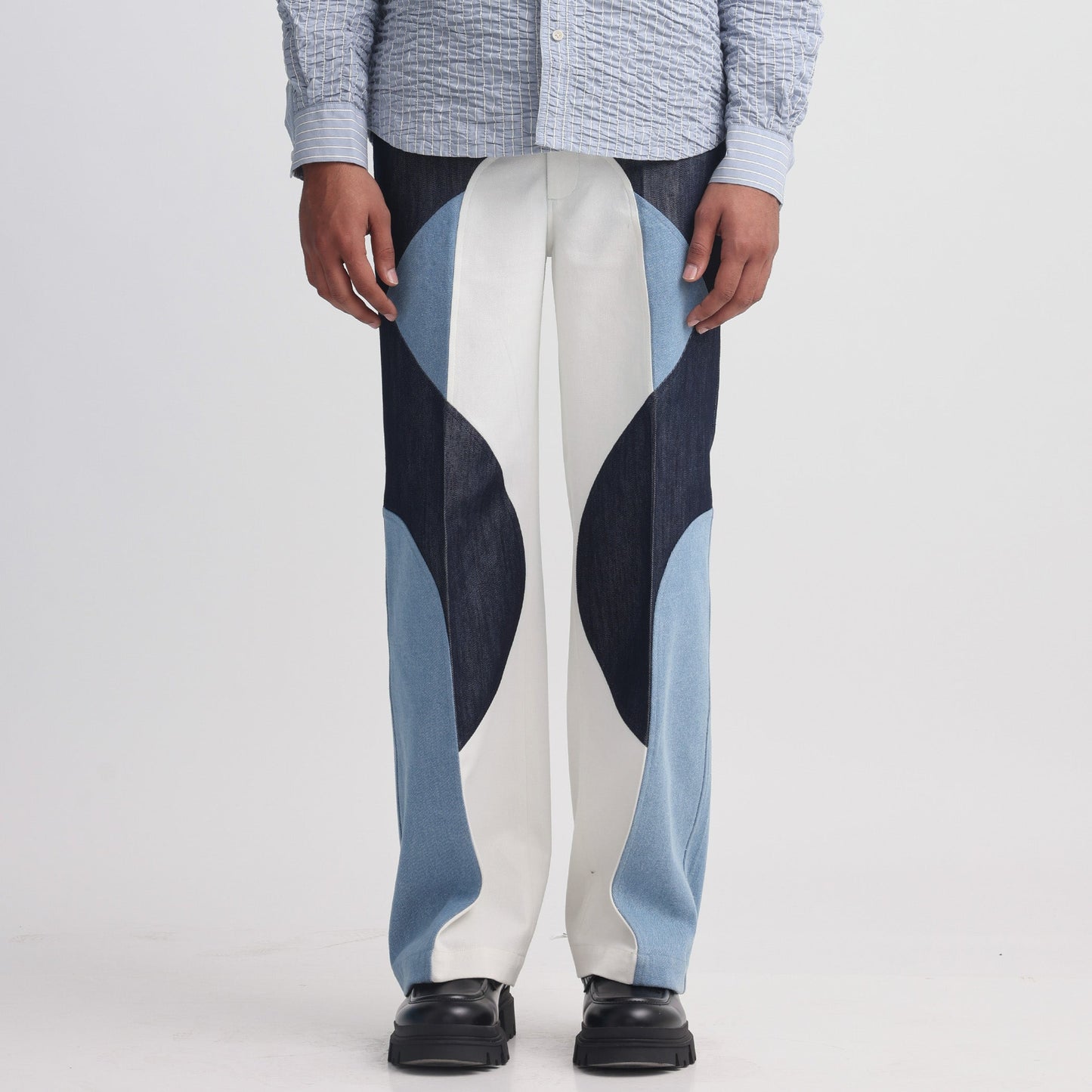 Border Panelled Trousers-Blue