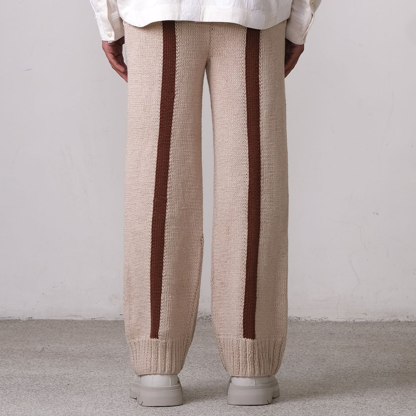 Fibula Striped Hand-knitted Trousers- Beige