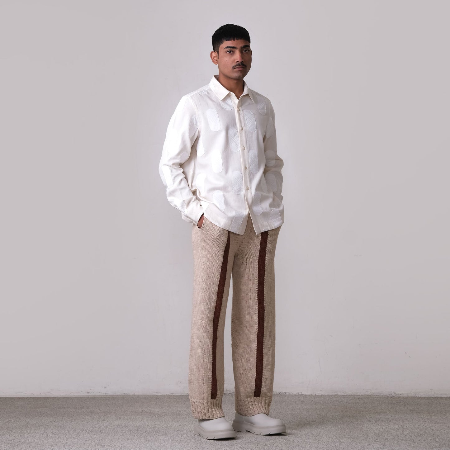 Fibula Striped Hand-knitted Trousers- Beige
