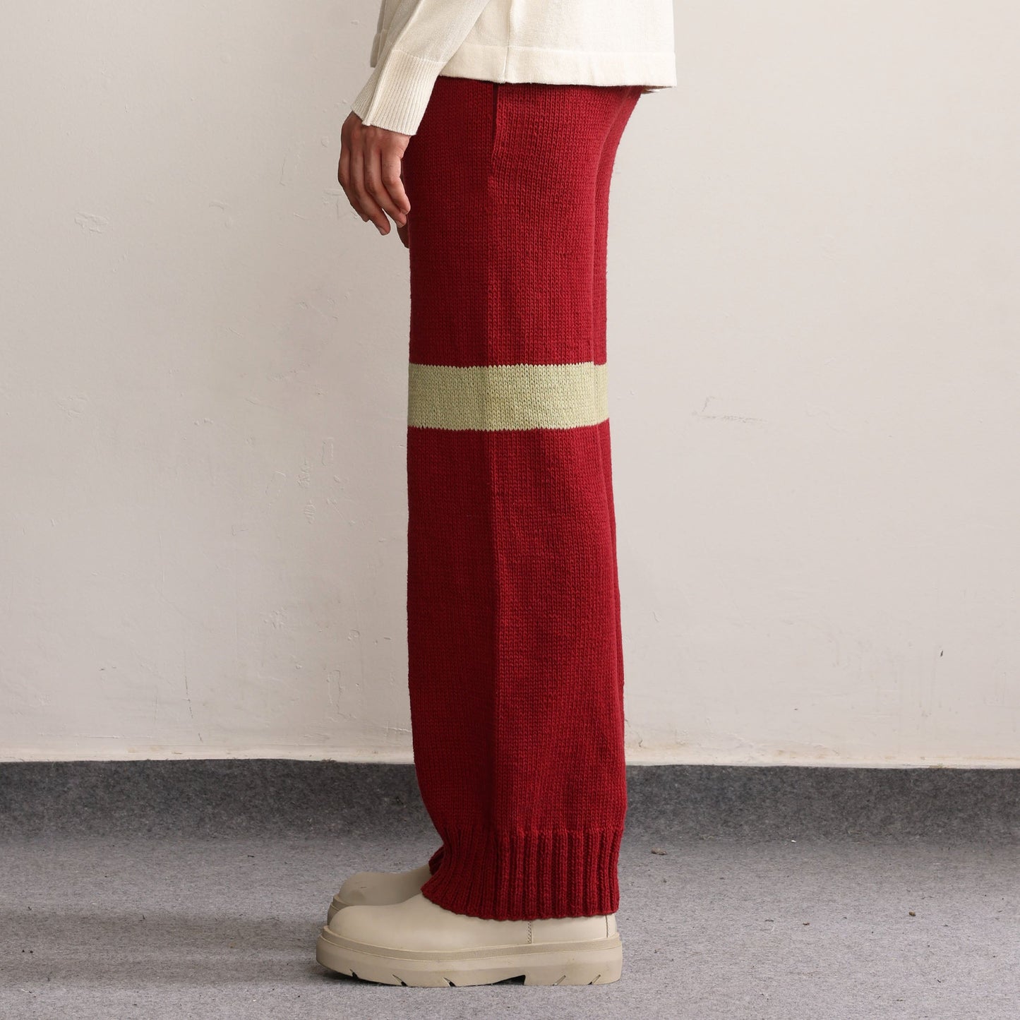 Fibula Striped Handknit Trousers-Maroon