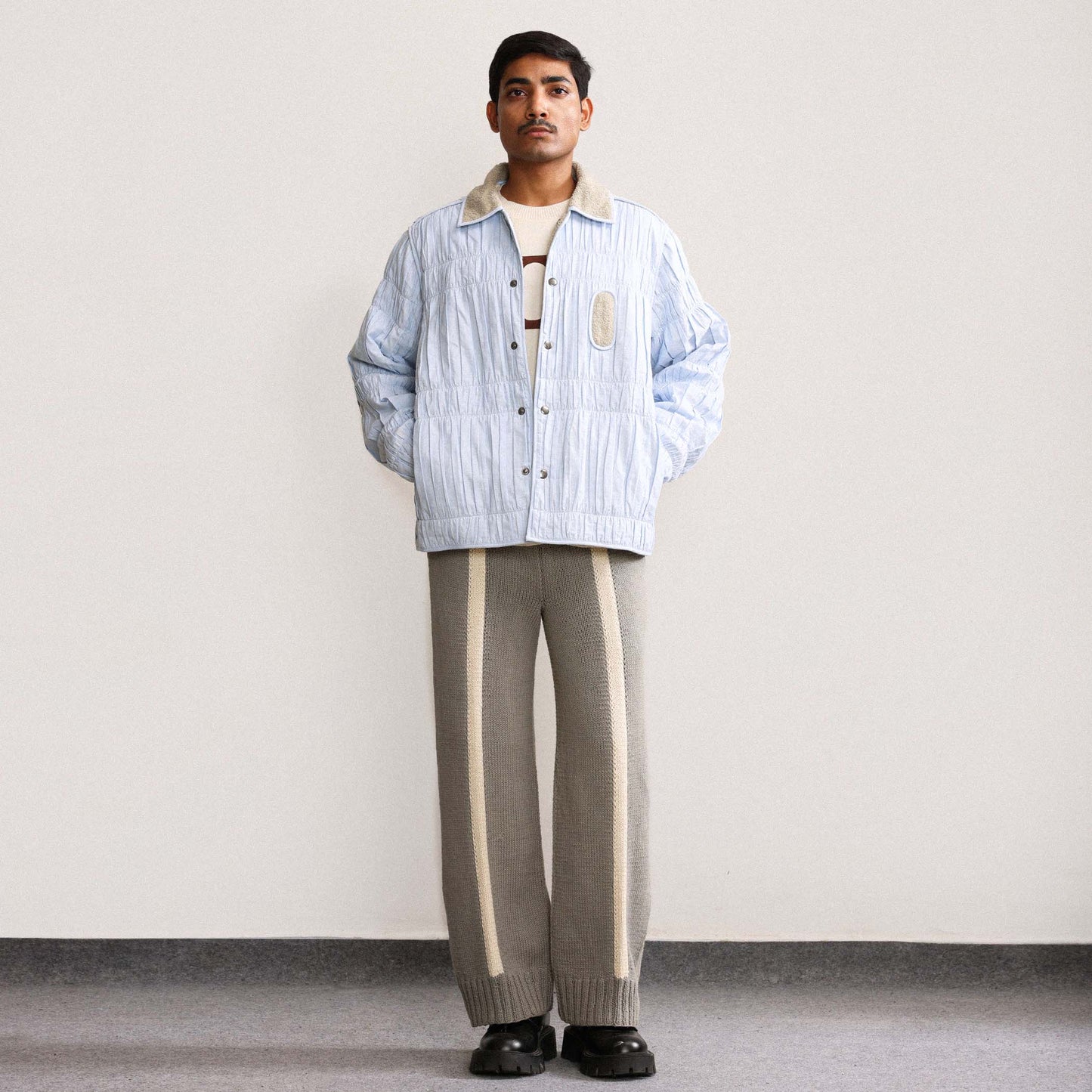 Fibula Striped Hand-knitted Trousers- Grey